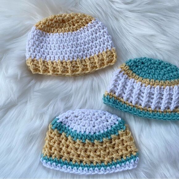 Newborn Baby Crochet Hat Set of 3 Yellow Grey Mint Green 0-3 - Picture 12 of 13